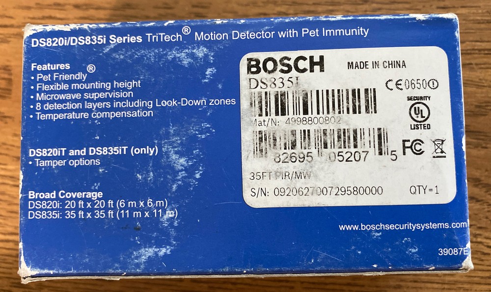 Bosch DS835i TriTech Motion Detector With Pet Immunity 35X35 FT Coverage