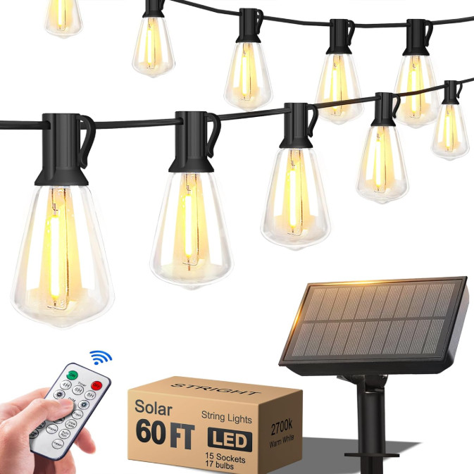 60FT Solar String Lights Outdoor LED Edison Bulbs 15 Sockets Weatherproof