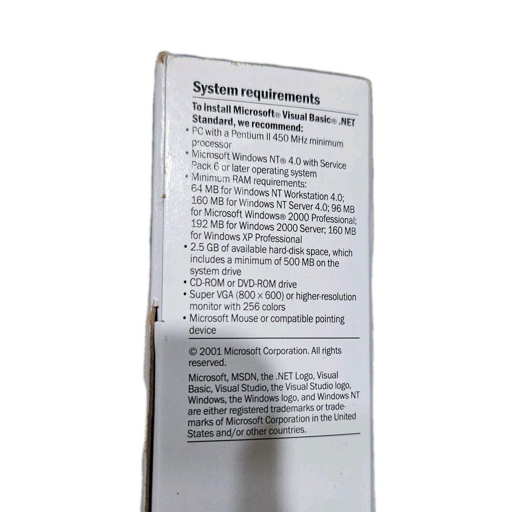 Microsoft Visual Basic .net Standard Version 2002 Software For Windows XP