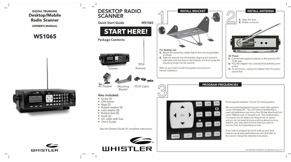 WHISTLER WS-1065 SCANNER OPERATING MANUAL + QUICK START GUIDE