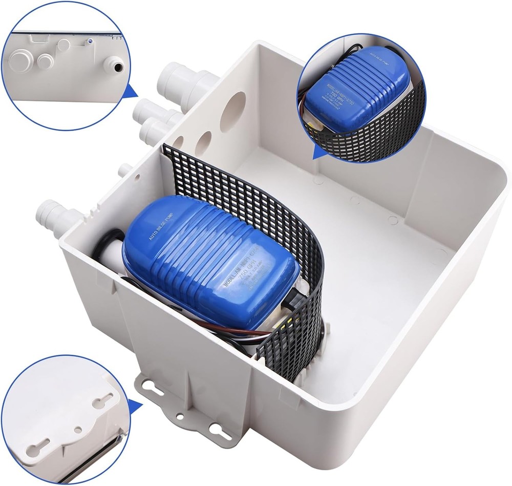 12V 750GPH Shower Sump Pump Marine Boat Multi-port Inlet Drain Kit System