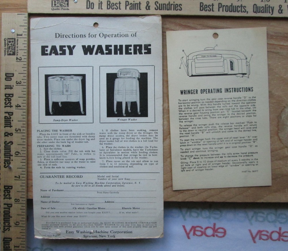 Directions for operation of easy washers