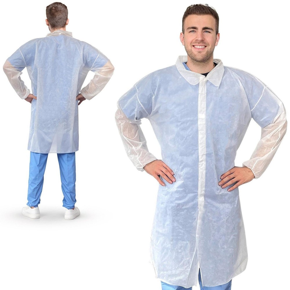 White Disposable Lab Coats Polypropylene Hook and Loop 10 Count Large Size