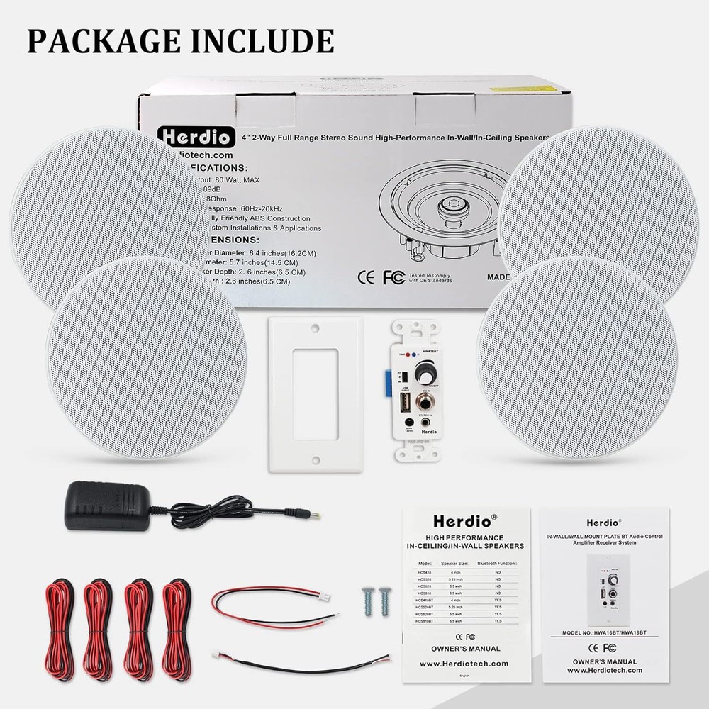 Herdio 4 Ceiling Speakers +4 Channel Bluetooth Amplifier Theater System