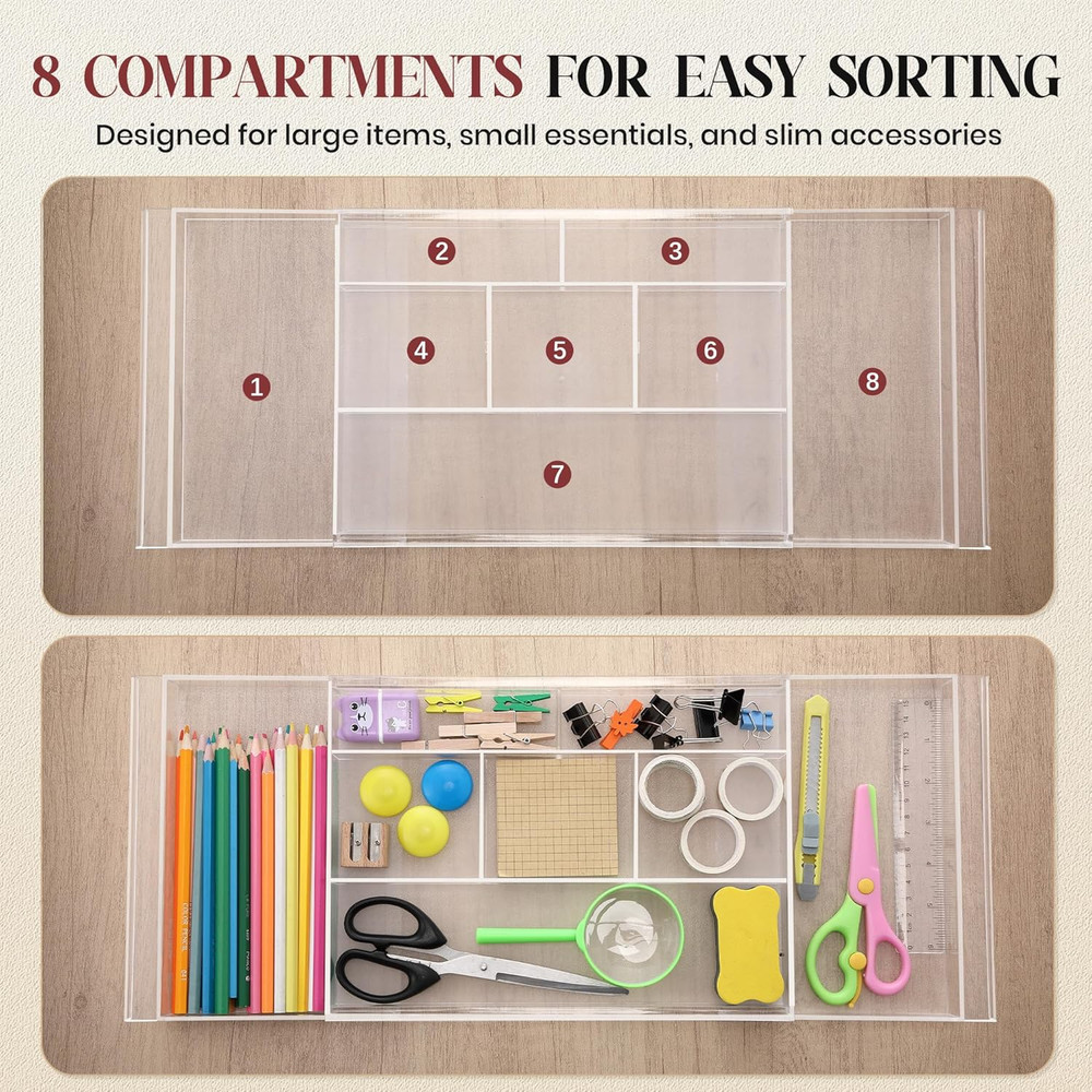 2Pack Shallow Expandable Drawer Organizer, Adjustable 12.5”–20” Clear Plastic Dr