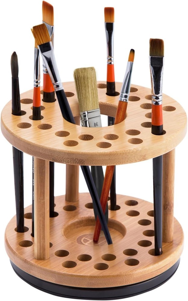 Tabletop Bamboo Brush Organizer, 360 Degree Rotating Stand with 28 Compartments