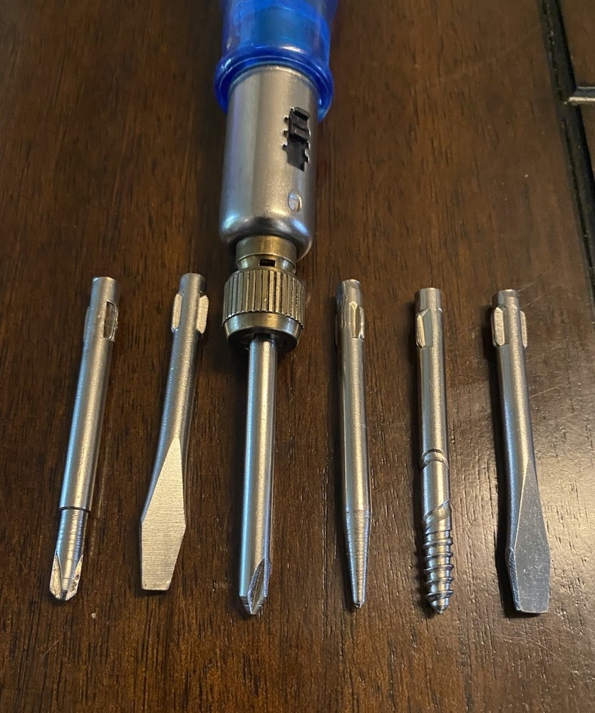 Vintage Ratcheting / Reversible Multi Bit Storage Handle Screwdriver - 7 Pc.