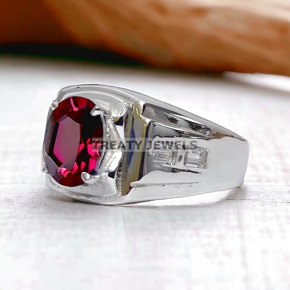 Ruby Oval Cut Gemstone With 14K Solid White Gold Ring For Men's #A35