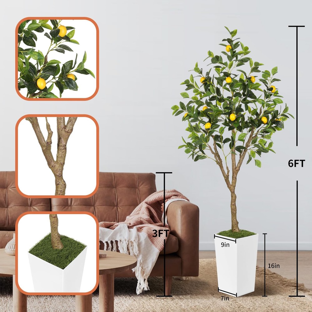 6FT Artificial Lemon Tree with Pot, Fake Lemon Tree with White Tall Planter, ...