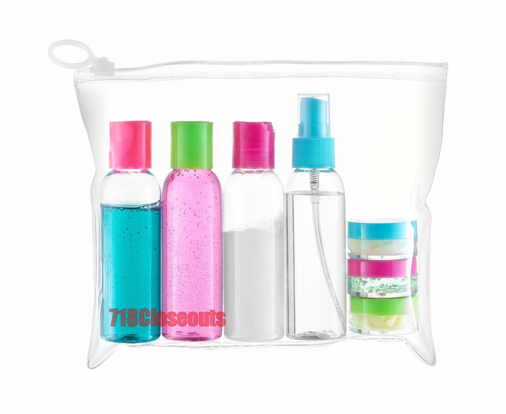 8pc Mini Travel Plastic Transparent Empty Toiletry Bottle & Makeup Container Zip