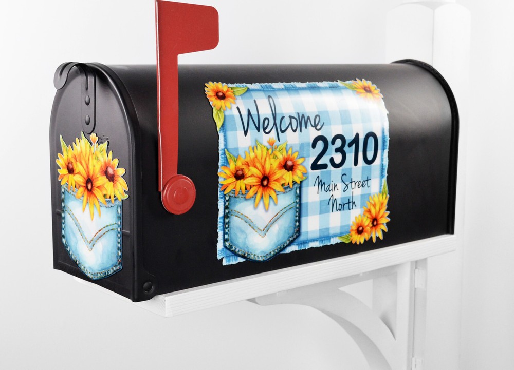 Mailbox Magnet Partial Cover Blue White Gingham Check Frayed Personalized