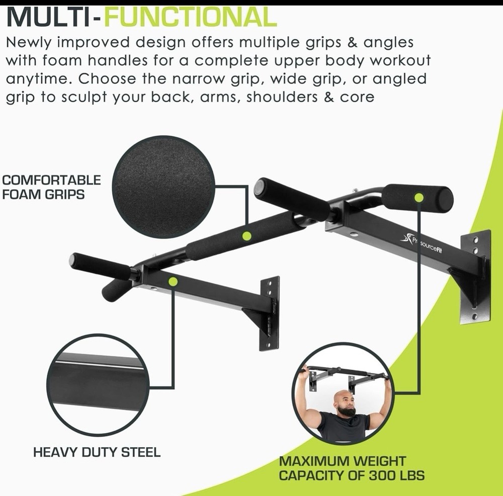 ProsourceFit Wall-Mounted Pull-Up / Chin-Up Bar, Heavy Duty 300 lb. Capacity,