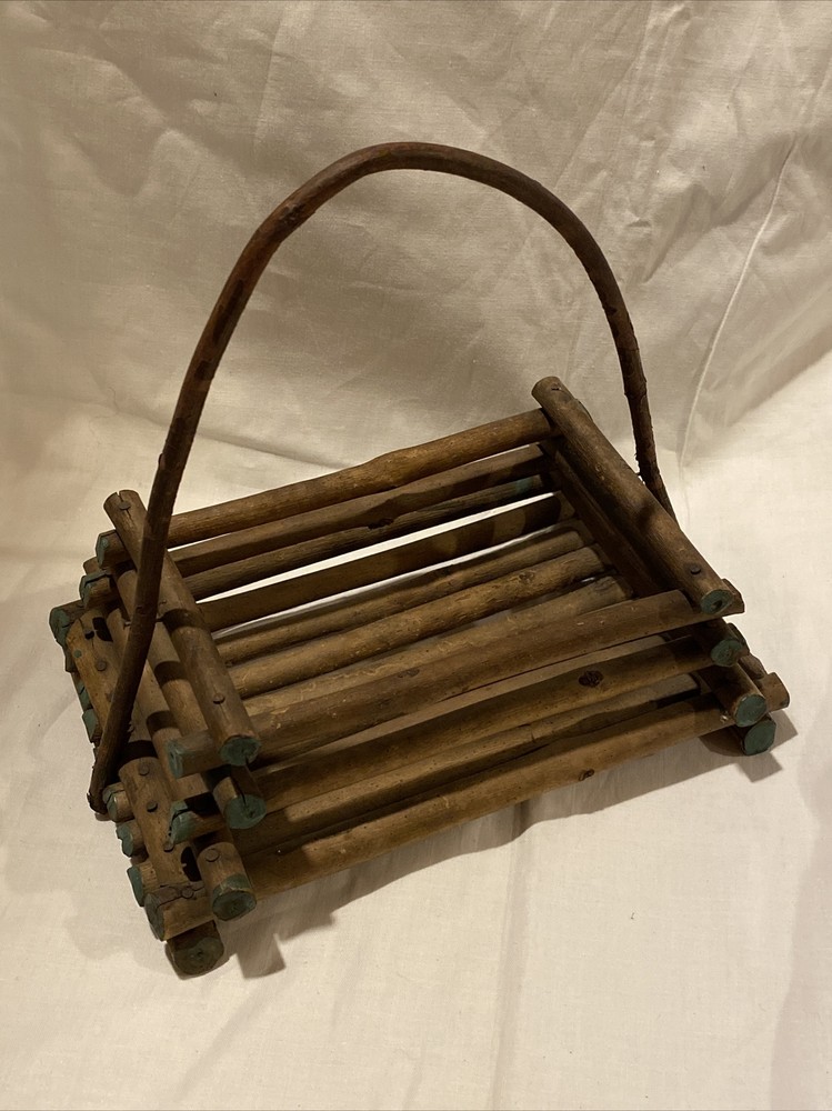Authentic Handmade Vintage Primitive Stick Twig Basket w/ Handle