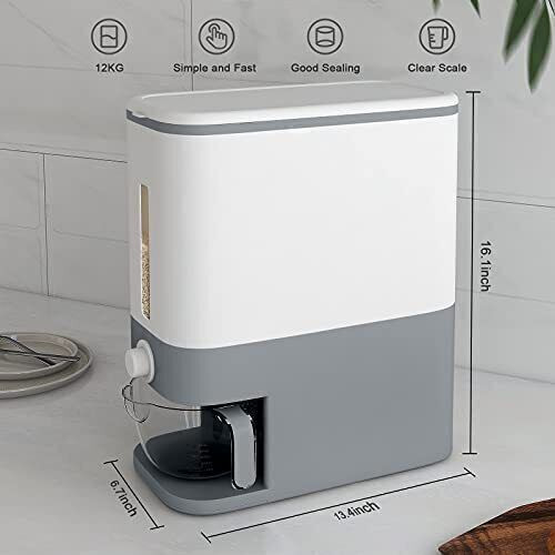 KitchenPro Rice Keeper: 25Lbs Sealed Grain Storage with Lid & Measure