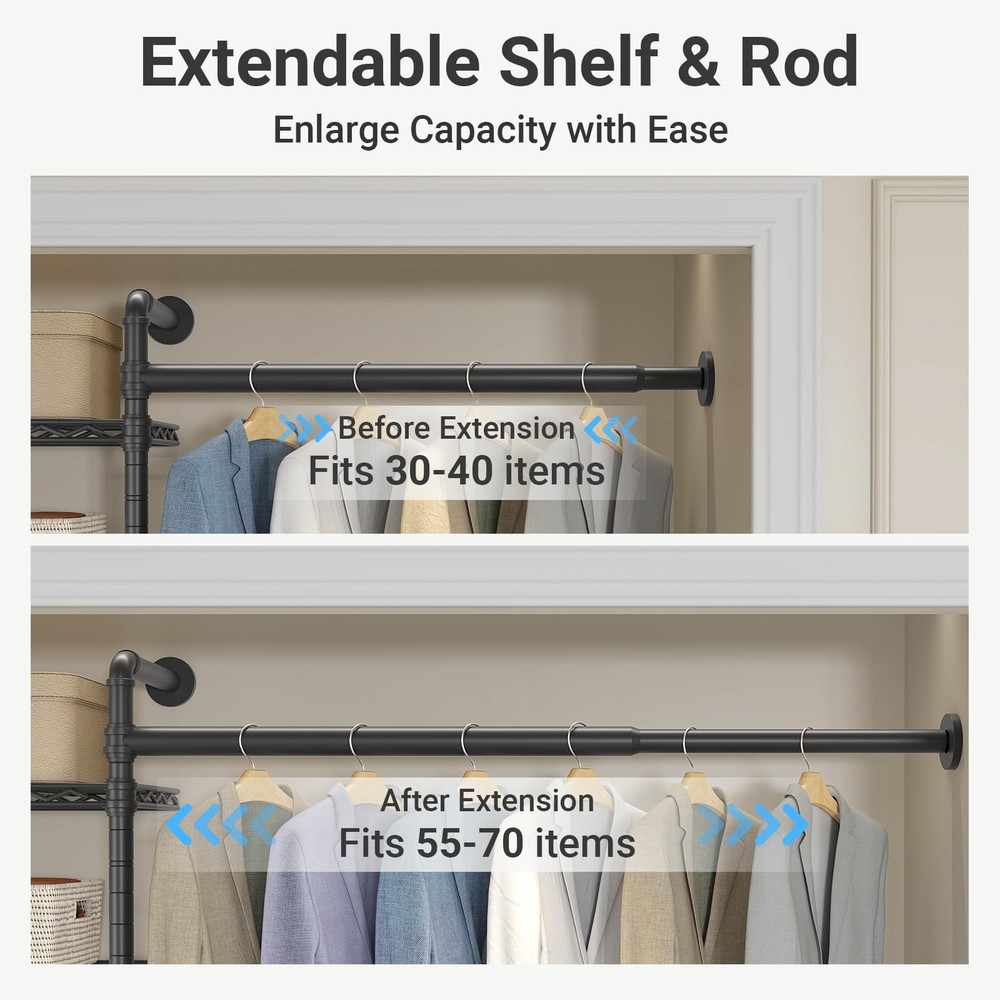 S3X Medium Expandable Wall Mounted Clothes Rack with 6 Adjustable Shelves & 4...