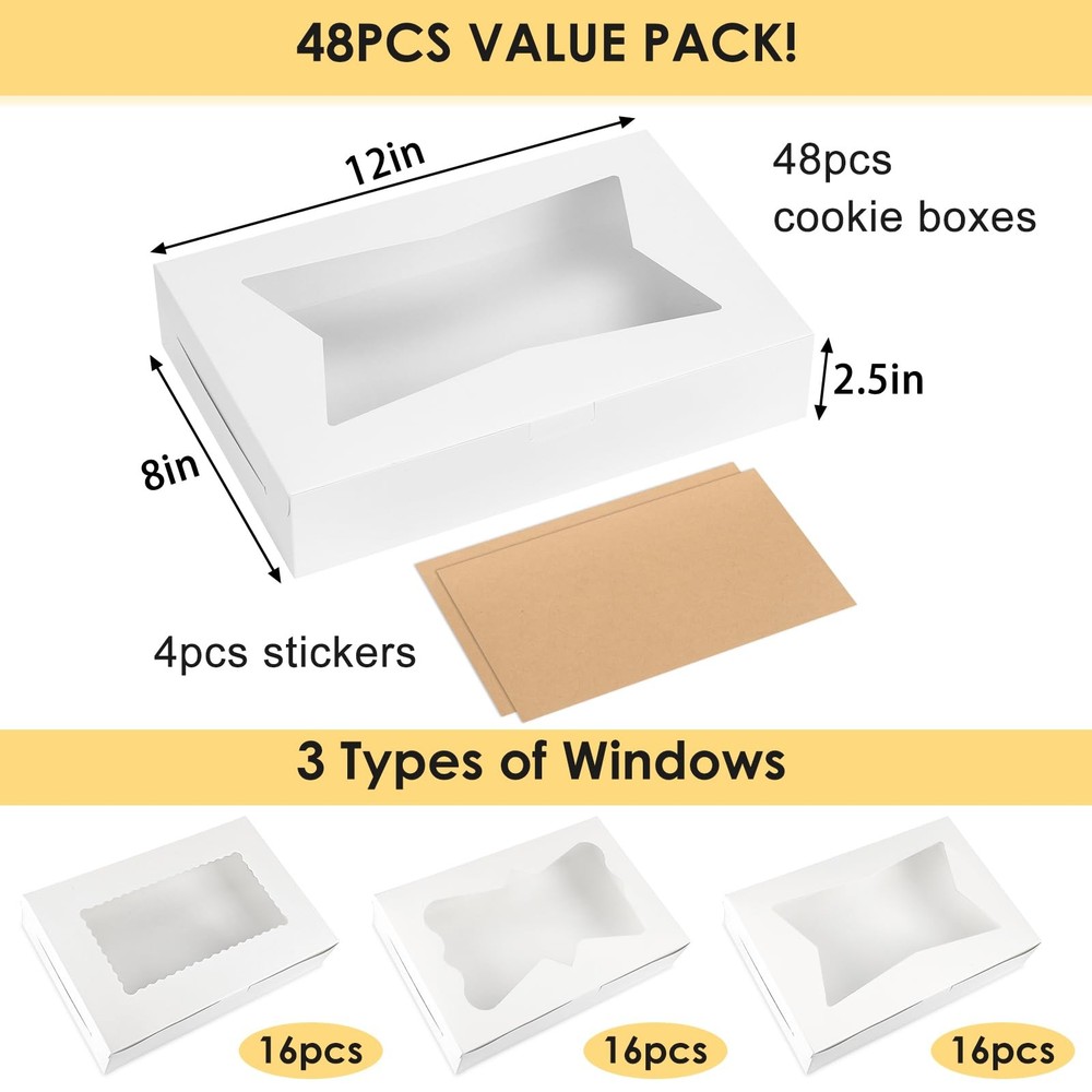 48pcs Bakery Boxes,12x8x2.5 Inches Cookie Boxes with 3 Style Window for Choco...