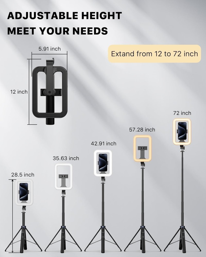 Selfie Ring Light with Tripod Stand 72" Extendable Phone Holder USB-C