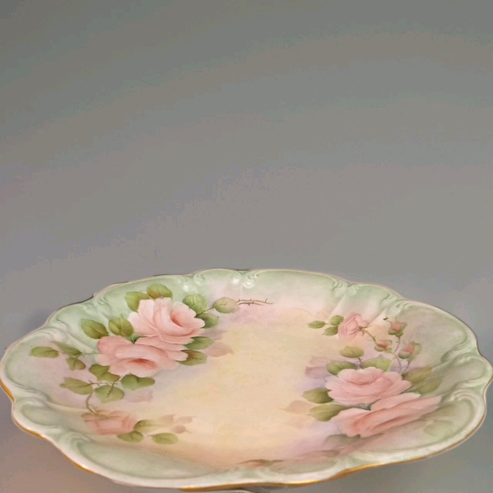 Vtg Ceramic Top 13"×3" Cake round8" booted Stand GreenPink Rose Pattern.