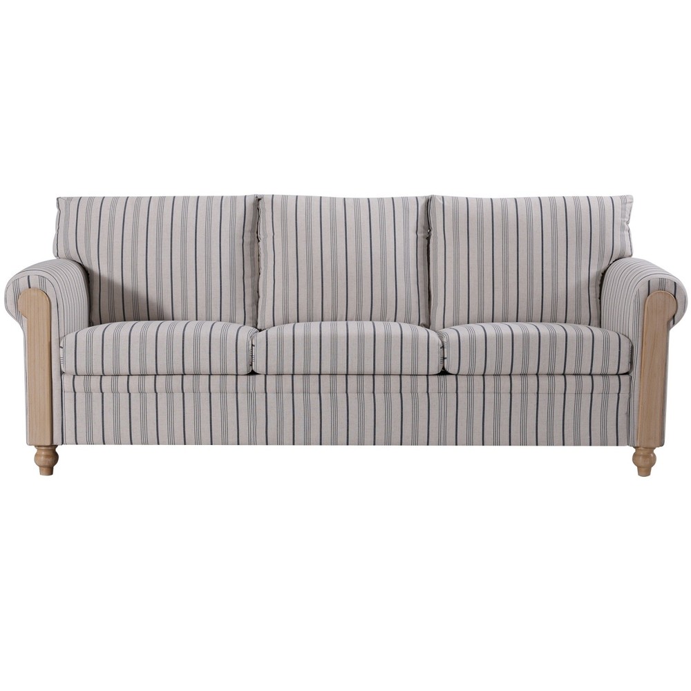 Modern Blue White Stripe 3 Seater Sofa Fabric Armrest Couch with Solid Wood Legs