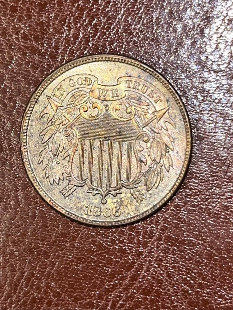 1866 2C Two Cent Rainbow Toned UNC High Grade Coin