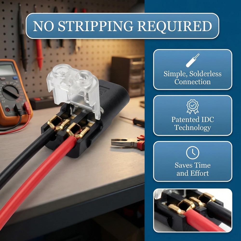 50 Pack Wire Connectors No Stripping Required, 2 Pin Low Voltage Black