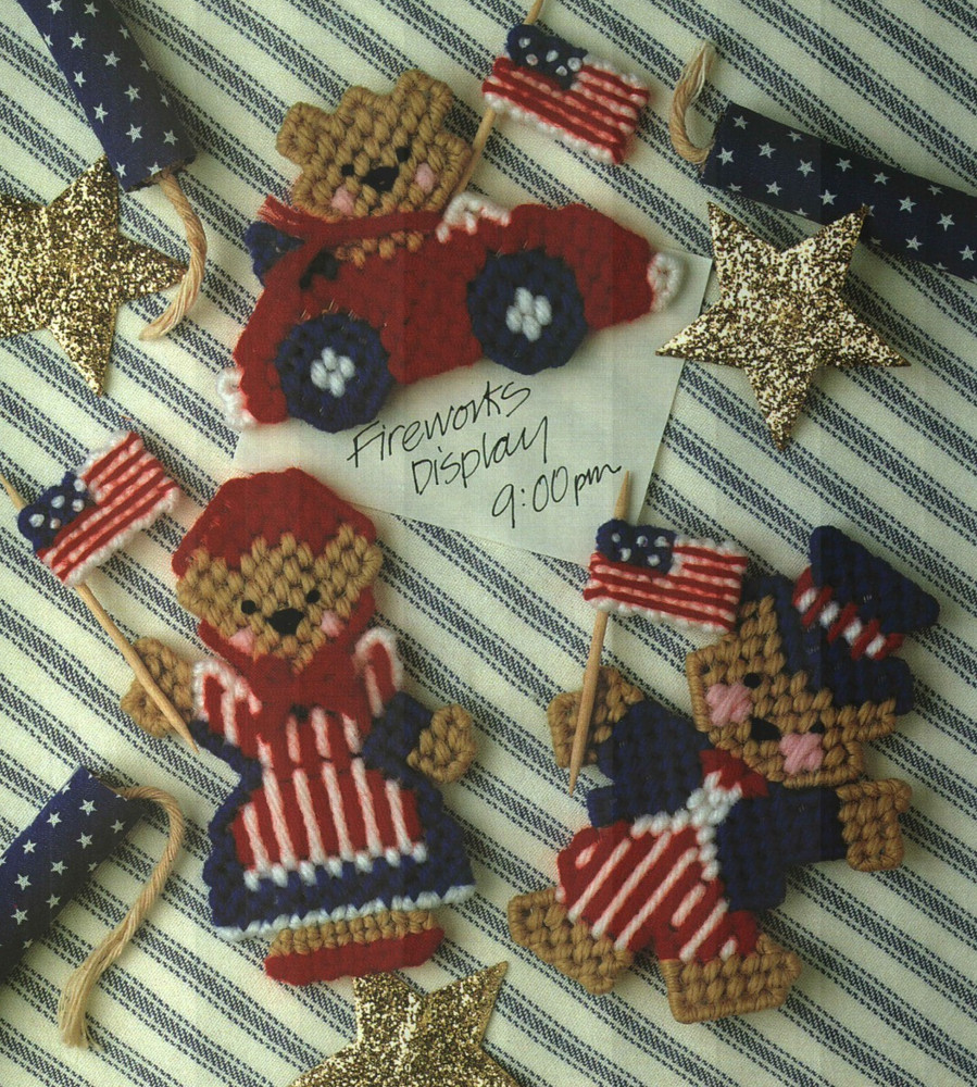 FLAG WAVING BEAR & PATRIOTIC MAGNETS PLASTIC CANVAS PATTERN INSTRUCTIONS