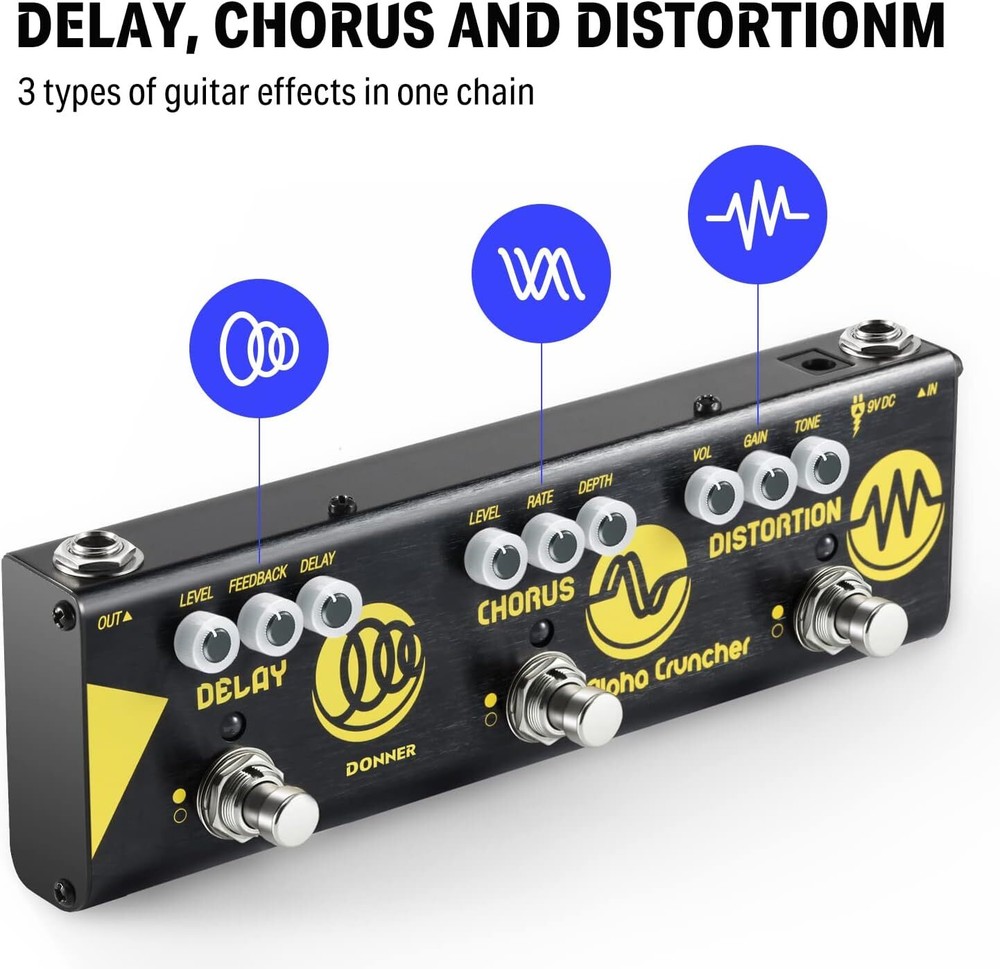 Donner Alpha Cruncher Distortion Delay Chorus Multi Effects Pedal With Adapter