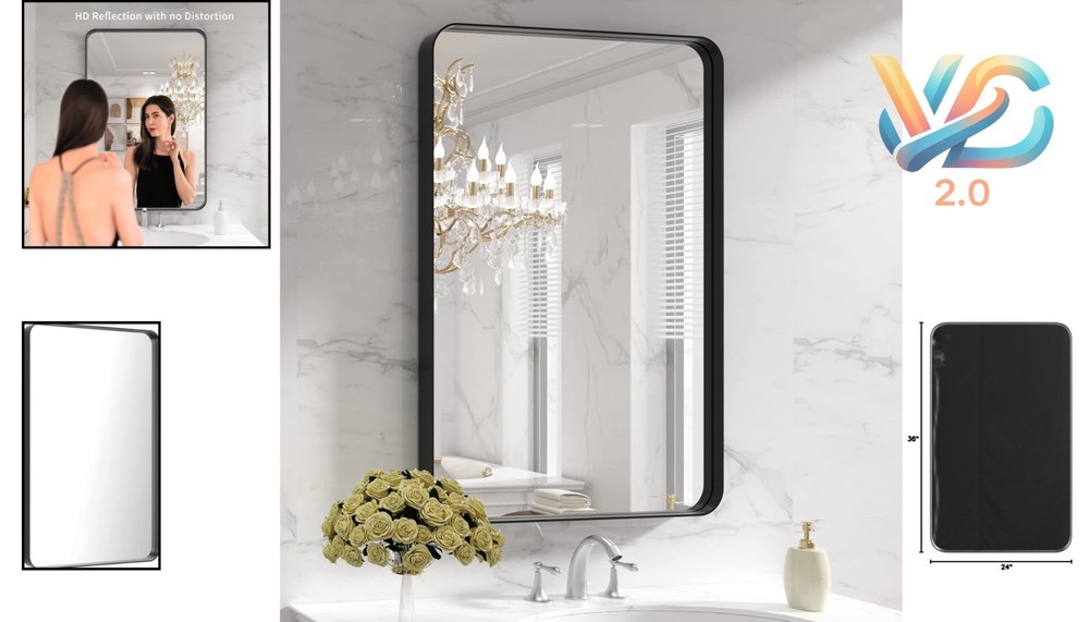 Black Metal Framed Bathroom Mirror 24x36 Rounded Rectangle Matte Black