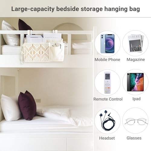 Bedside Caddy Hanging Organizer, Boho Macrame Storage with Fixed Straps and