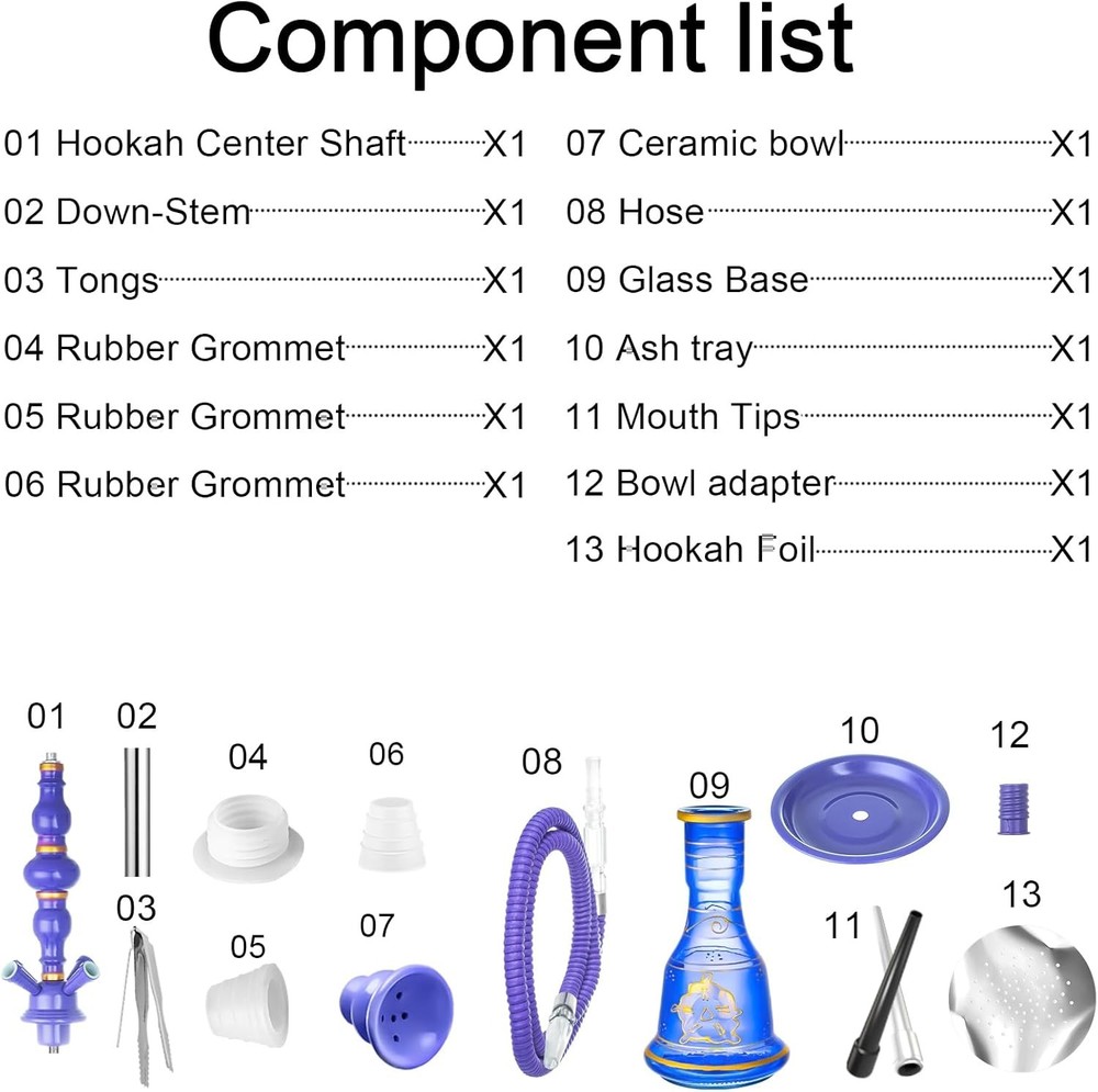 21'' Hookah Set 4 Hose With Everything, Glass Vase, Ceramic Blue