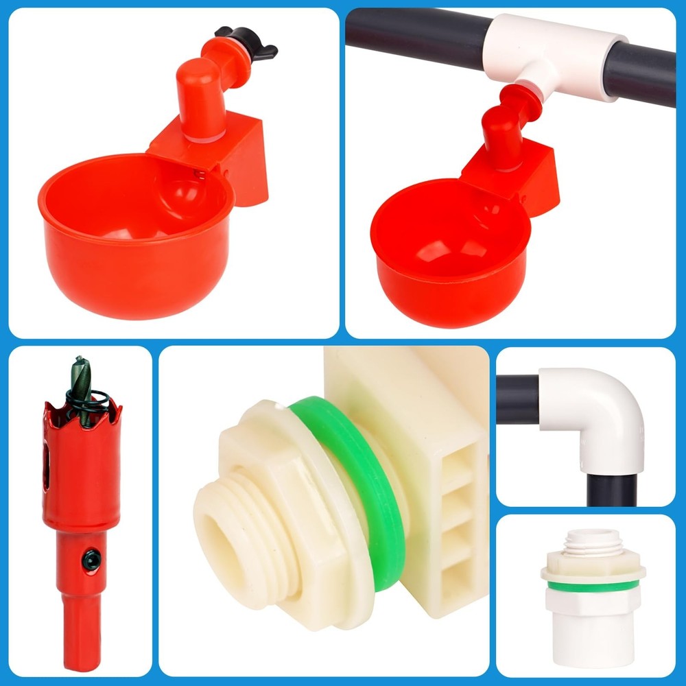 8 Chicken Water Cups Feeder Automatic Chicken Waterer System with Tee Fitting...