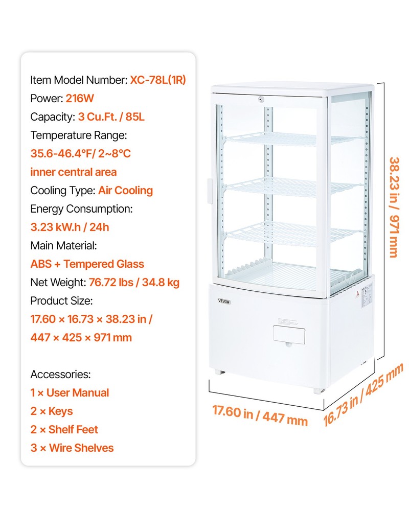 VEVOR Refrigerated Display Case Bakery Display Fridge Case 3 cu ft/85L 3-Tier