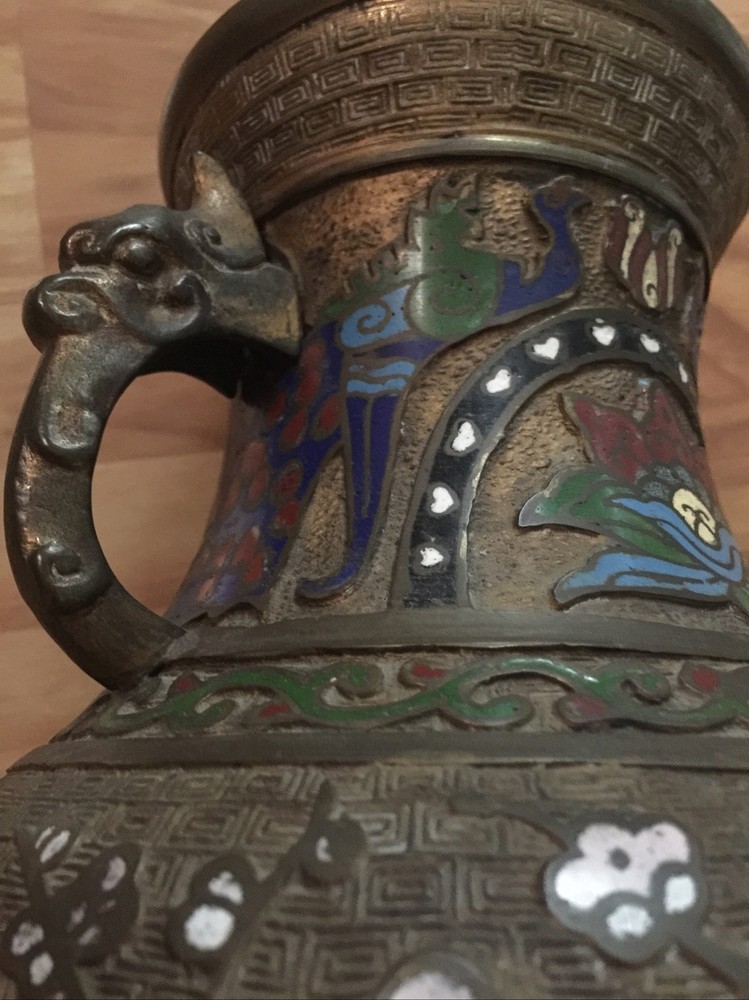 Antique Cloisonne Bronze Dragon Ear Jar