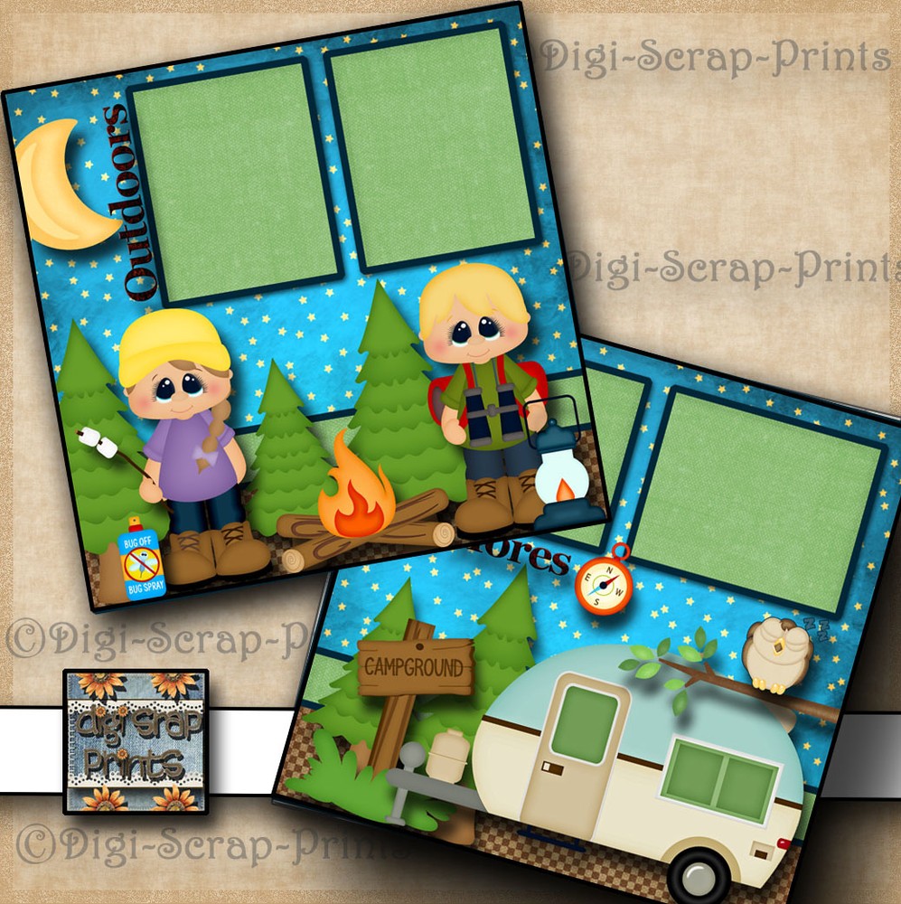 OUTDOORS CAMPING 2 premade scrapbook pages paper piecing layout DIGISCRAP #A0128
