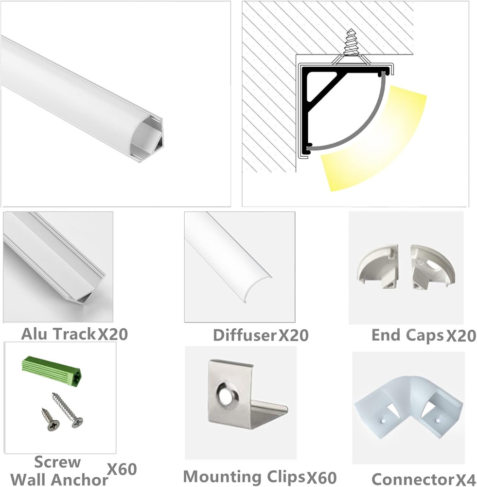 20-Pack 3.3FT 1Meter V Shape LED Strip Aluminum Channel Diffuser System, Extrude