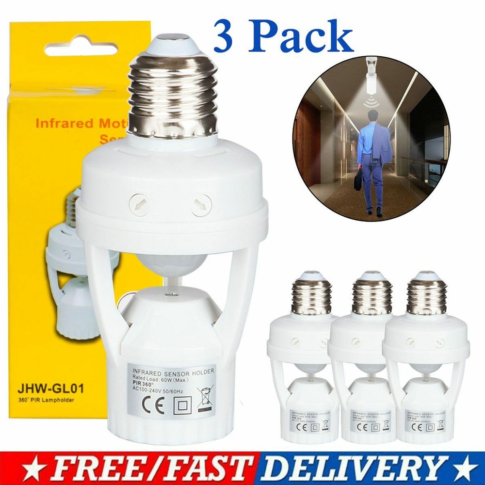 3 Pack E27 LED Light Lamp Bulb Holder Socket Switch Infrared PIR Motion Sensor