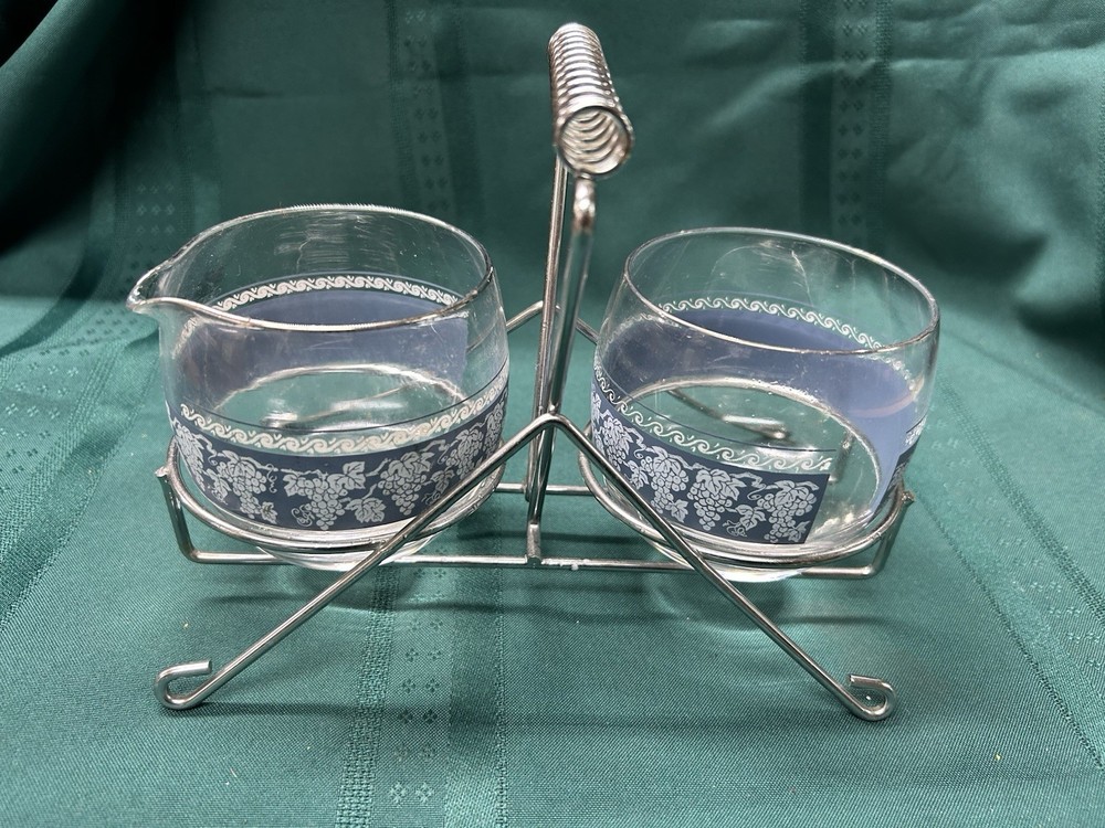 Libbey  Grapevine Creamer & Sugar With Silver Border  & Chrome Holder MCM