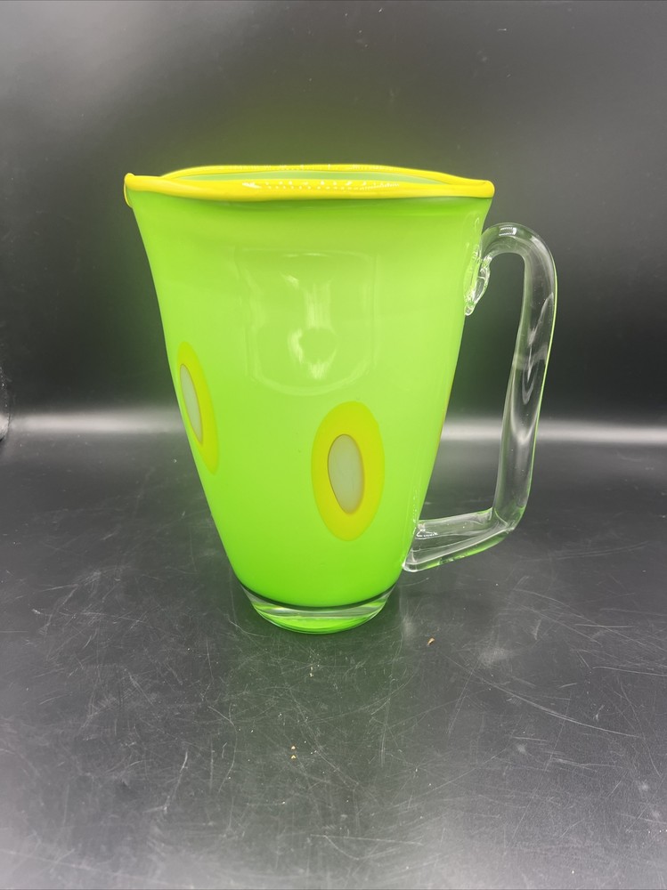 Art Glass Pitcher Hand Blown Lime Green with Applied Handle