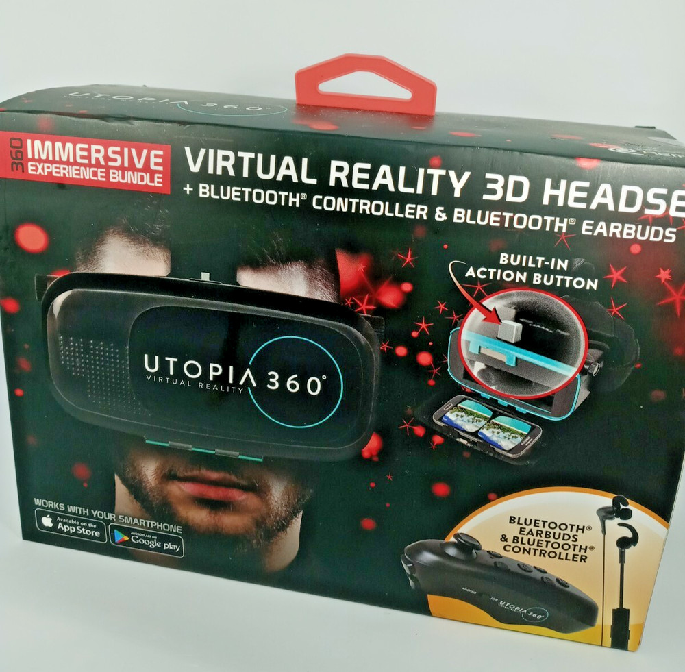 Utopia ReTrak 360 Degree 3D VR Headset Bundle Bluetooth Earbuds & Controller NIB