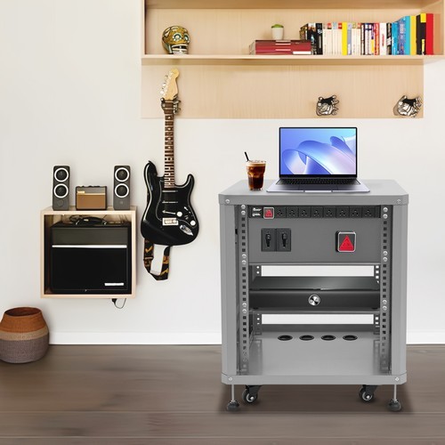 Network & Stereo Rack Rolling Server Rack Open Cabinet with Caster Wheels Grey