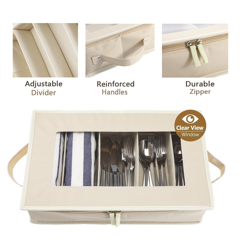 Flatware Utensil Storage Case, Beige Silverware Storage Box Chest with Adjust...