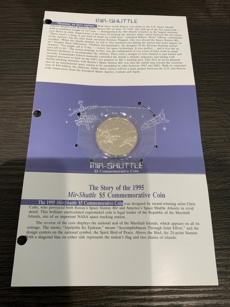 1995 Marshall Islands $5 Commemorative Coin – MIR & Space Shuttle – Sealed