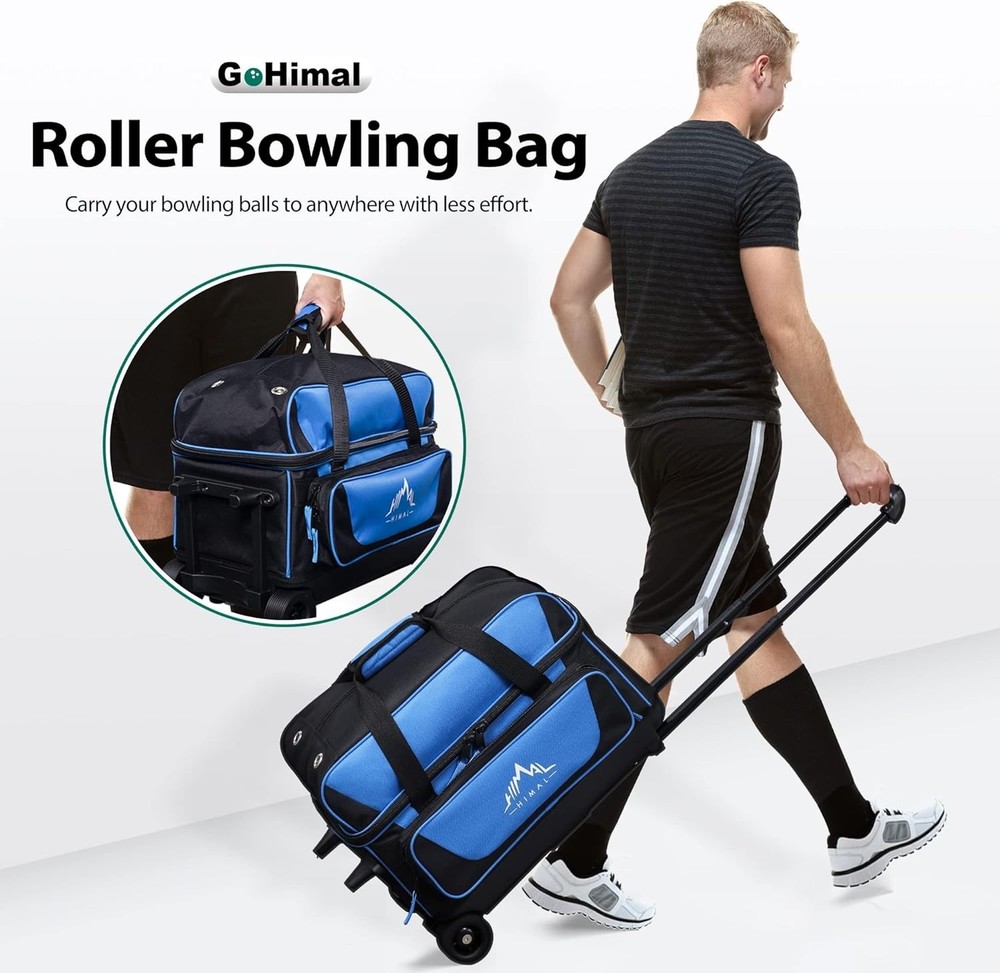 Double Roller 2 Ball Bowling Bag with Shoe Compartment, Retractable Handle, B...