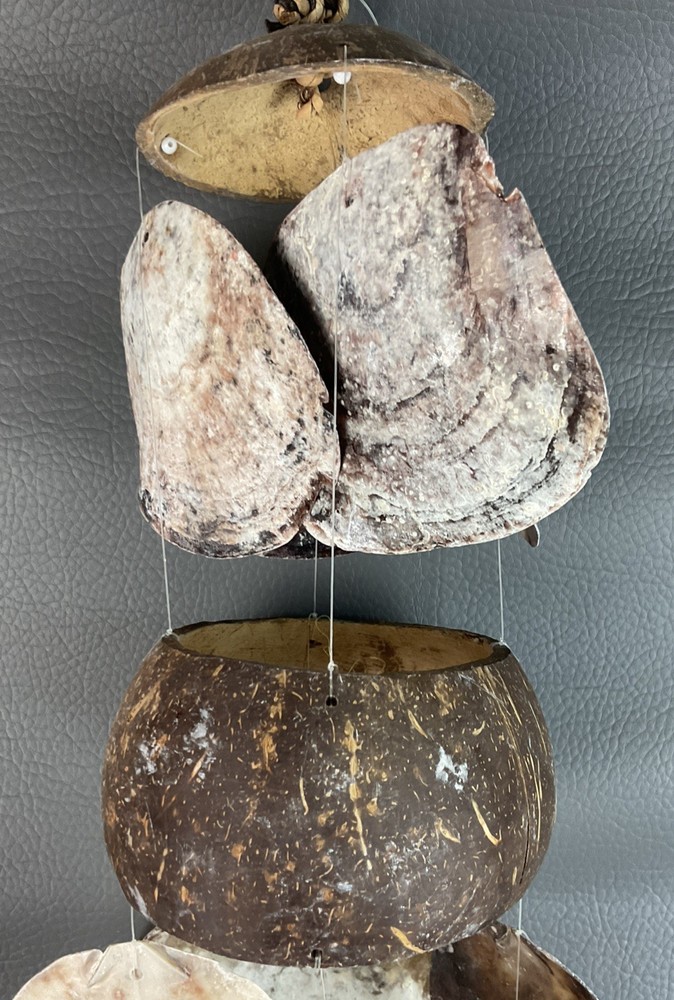 Vtg Capiz & Coconut Shell Boho Macrame Hanging Wind chime Home Decor