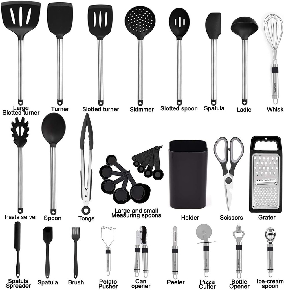 Kitchen Utensils Set - Silicone Cooking Tools - 33 Kitchen Utensils and Spoons