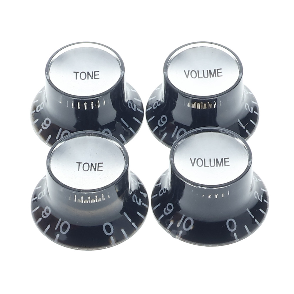 Les Paul Knobs Silver/Black Top Hat Knobs (4) Knurled Split Shaft CTS Pots