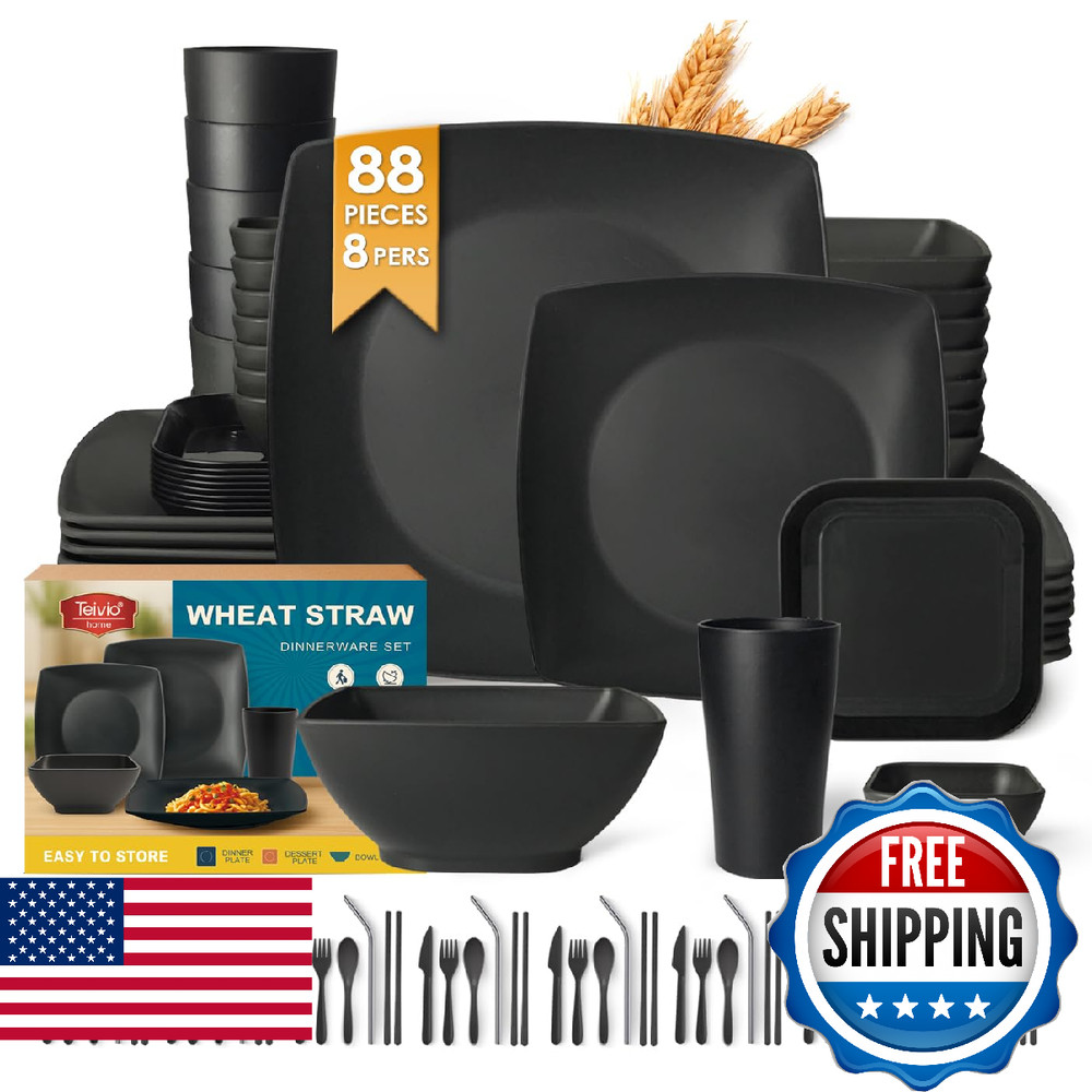Teivio 88-piece With Flatware Plastic Kitchen Wheat Straw Square Dinnerware Set