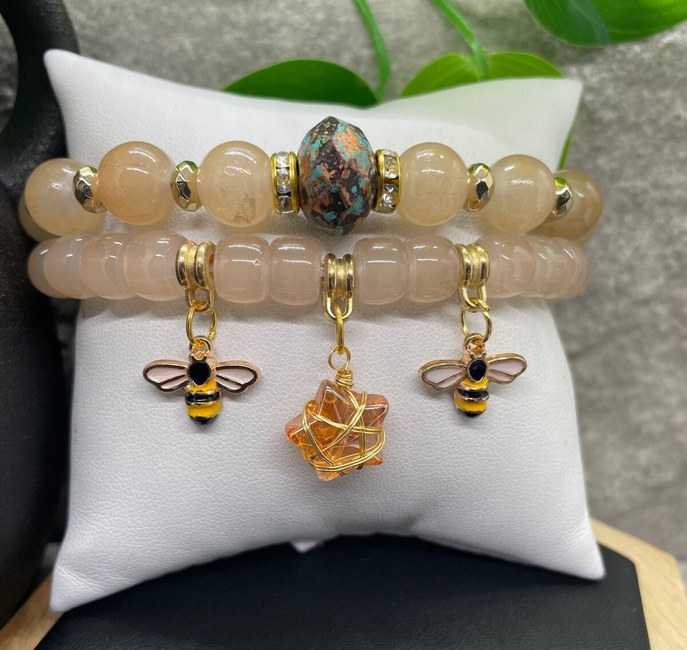 2 PC Handmade Boho  Beaded Stackable 6.5” Plus Stretch Bracelet Set New B1347