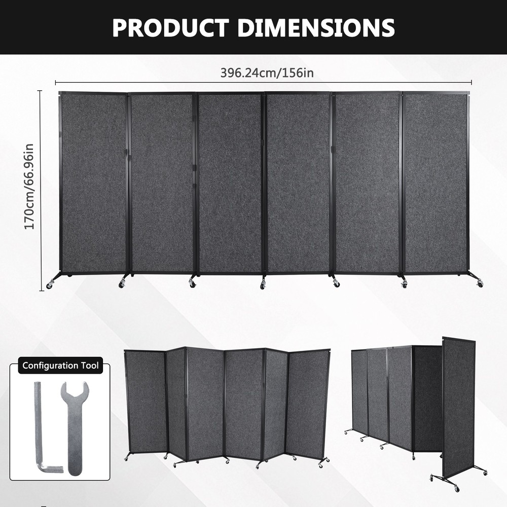 Rolling Privacy Room Divider 6 Panel Privacy Panel Partition for Home Dorm Decor