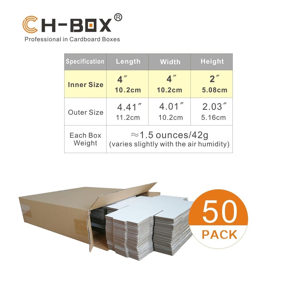 CH-BOX 50 Pack 4x4x2'' Small Shipping Boxes, Corrugated 4x4x2'', White